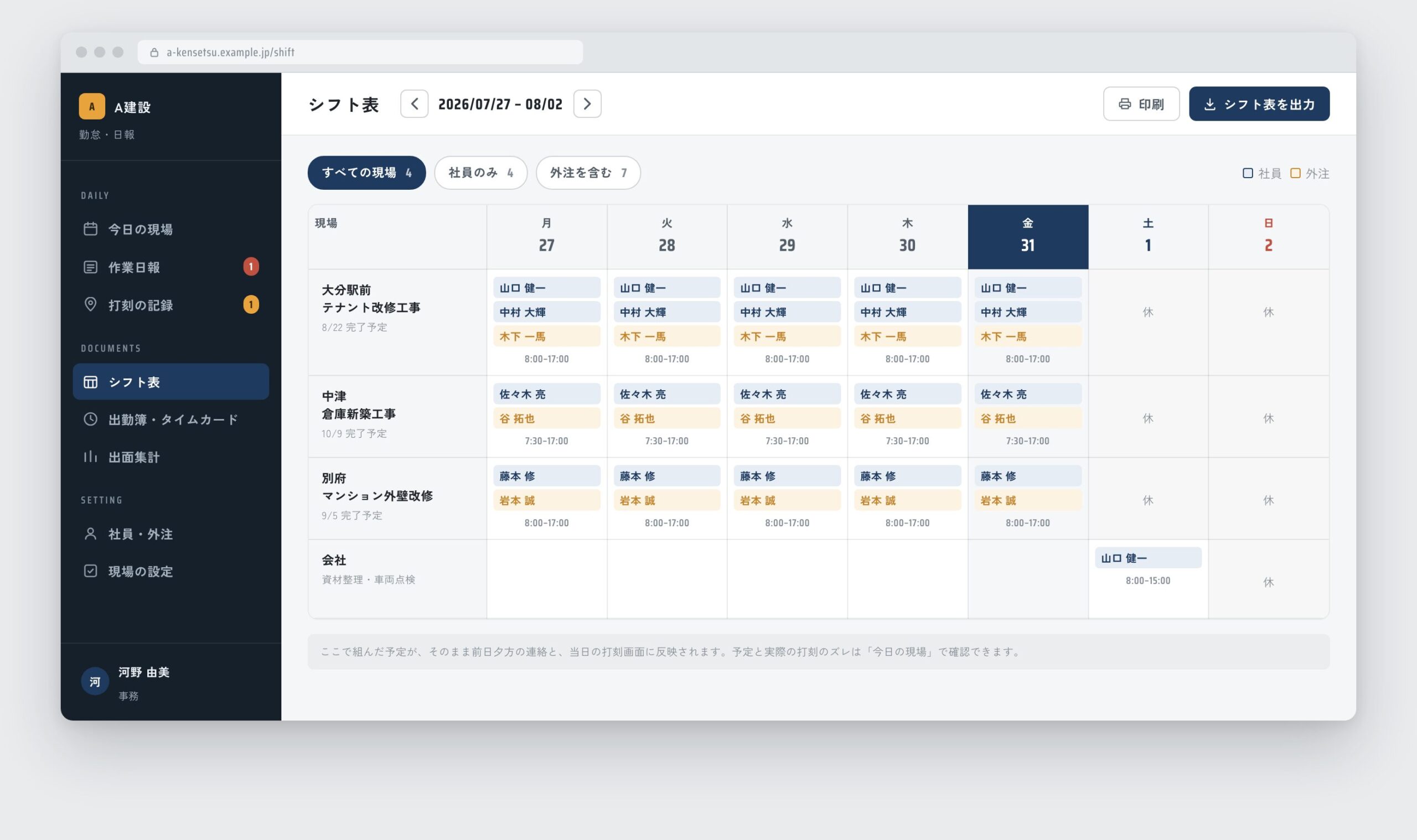 管理側のシフト表。現場と日のマス目に、社員と外注が色分けして配置されている