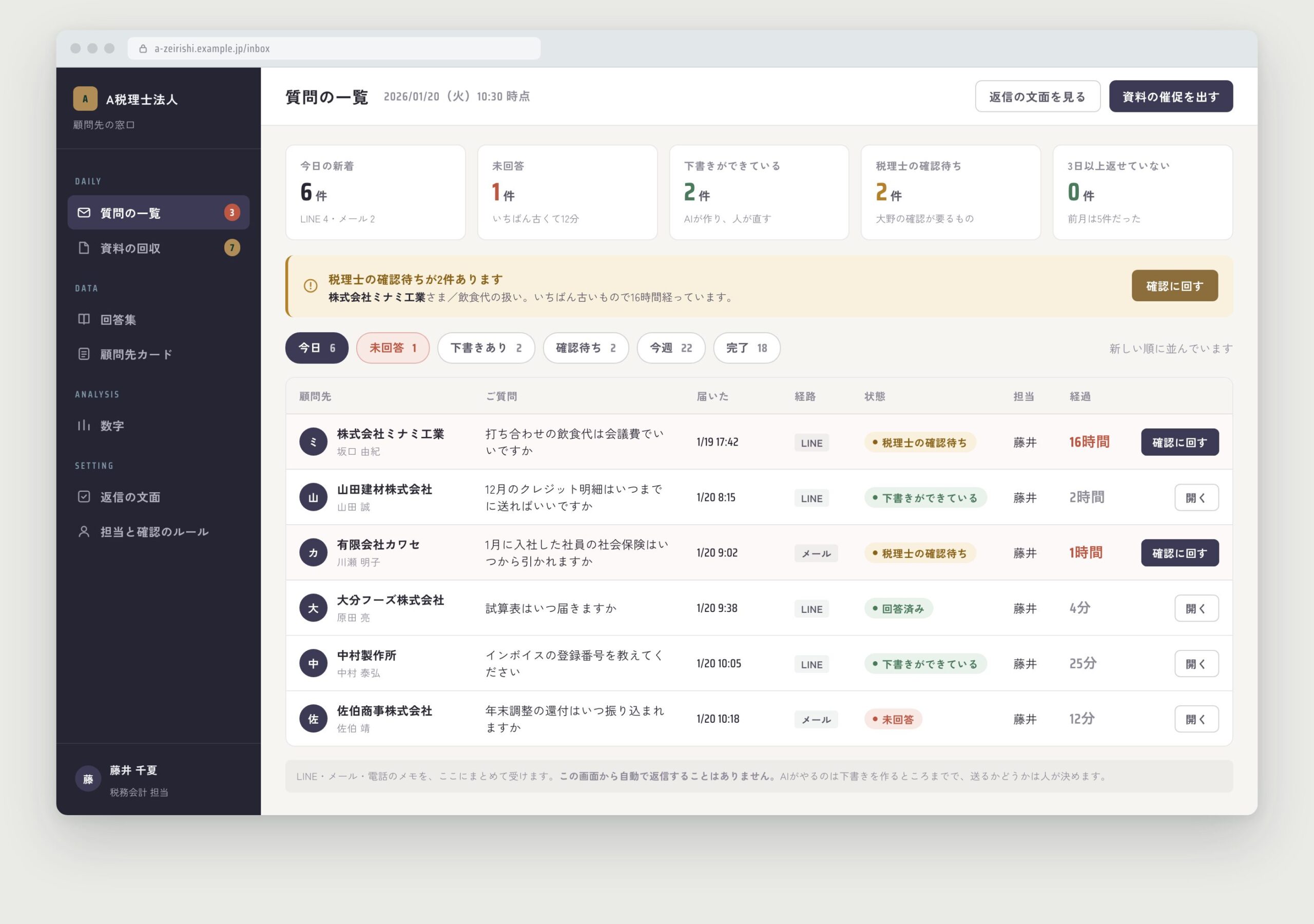 事務所側の質問の一覧。LINE・メール別に質問が並び、未回答・下書きあり・確認待ちで色分けされている