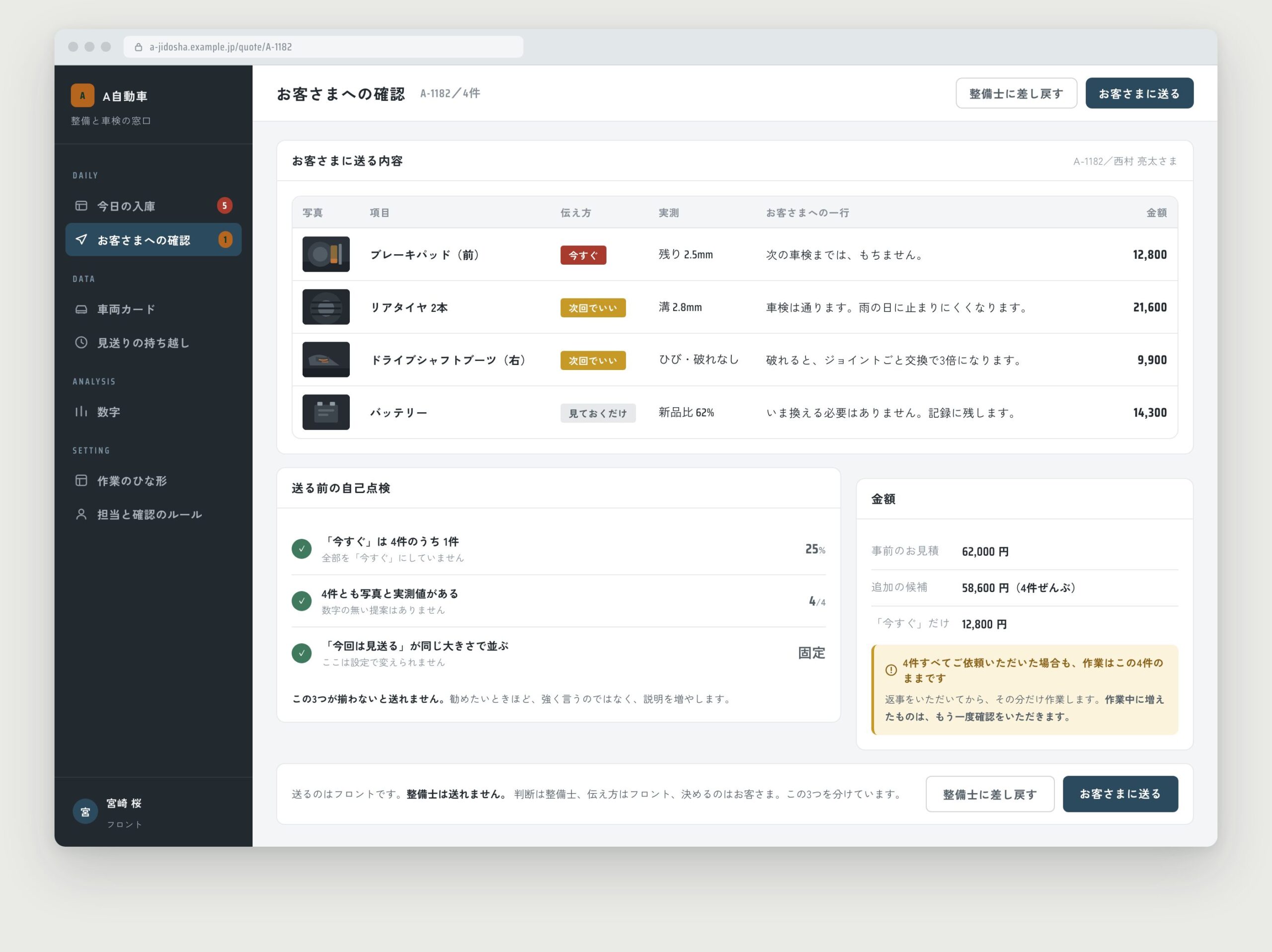 お客さまに送る前の確認画面。4件の一覧と、「今すぐ」の割合などを見る自己点検が並ぶ