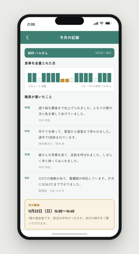 今月の記録。食事を全量とれた日が棒で並び、下に職員が書いた一文が日付つきで続く