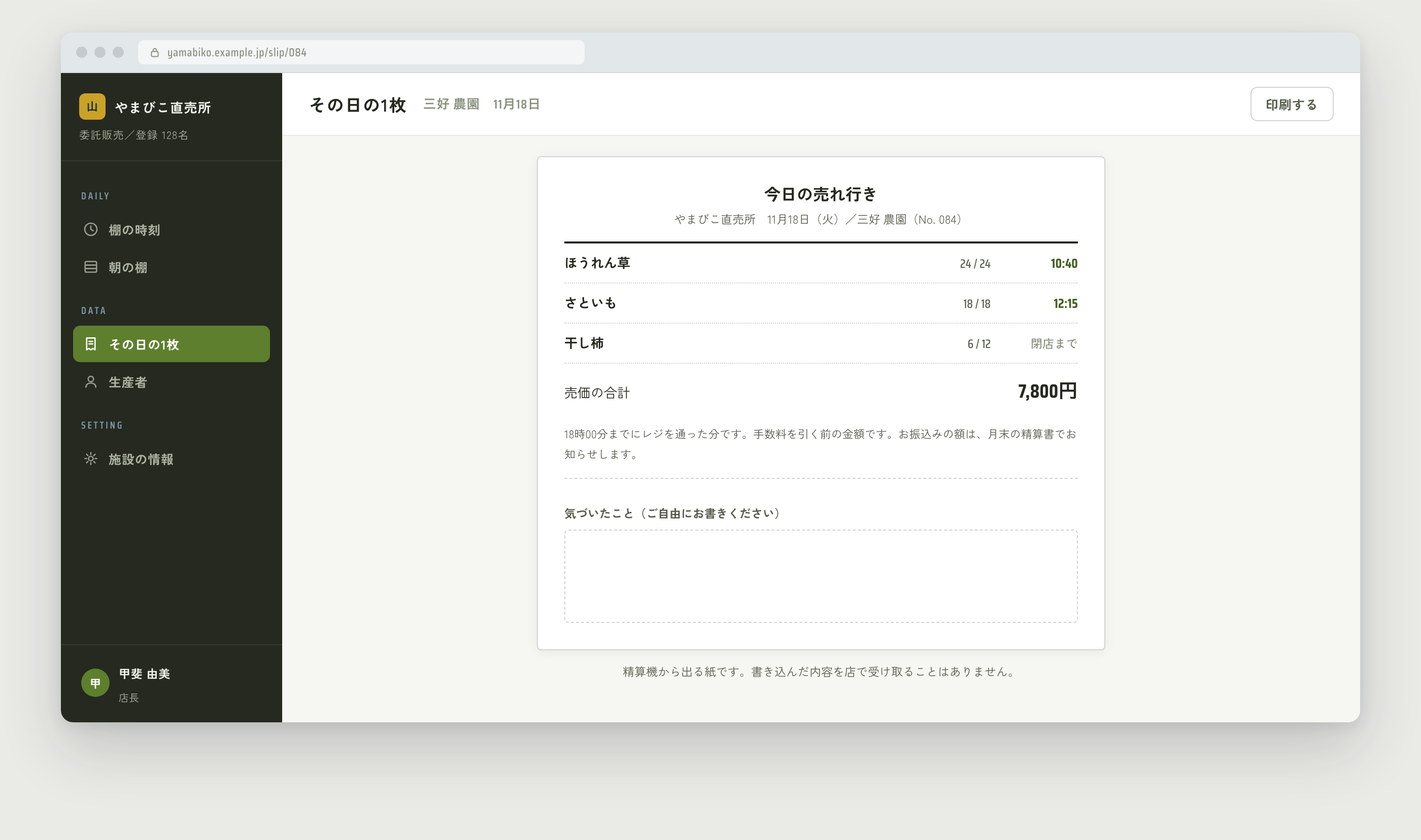 精算機から出るその日の1枚。品目ごとに最後の1点が売れた時刻が並び、下半分が空白