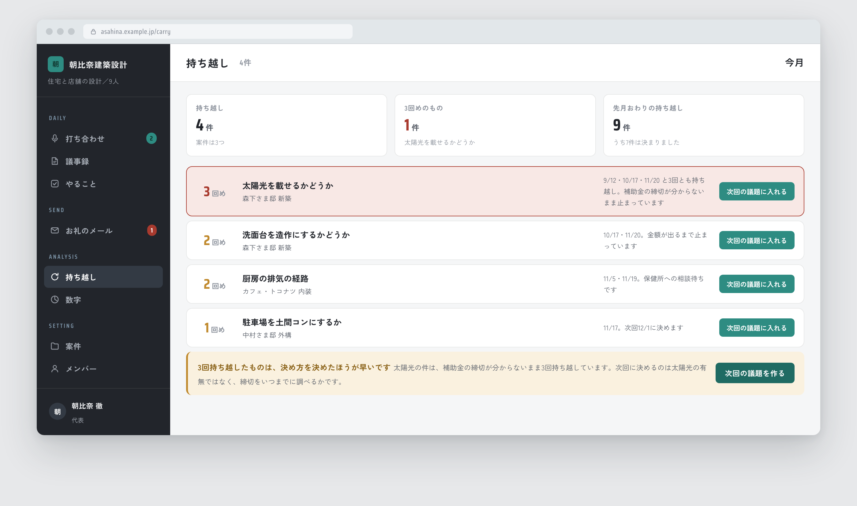 持ち越しの一覧。何回めかが左に大きく出ている